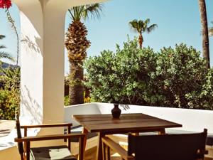 Une table avec deux chaises est placée à l'extérieur, offrant une vue magnifique sur les plantes et les arbres.