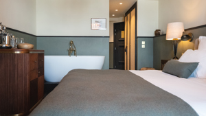 Une chambre comprend un lit douillet, une baignoire dans le coin gauche et un portrait.