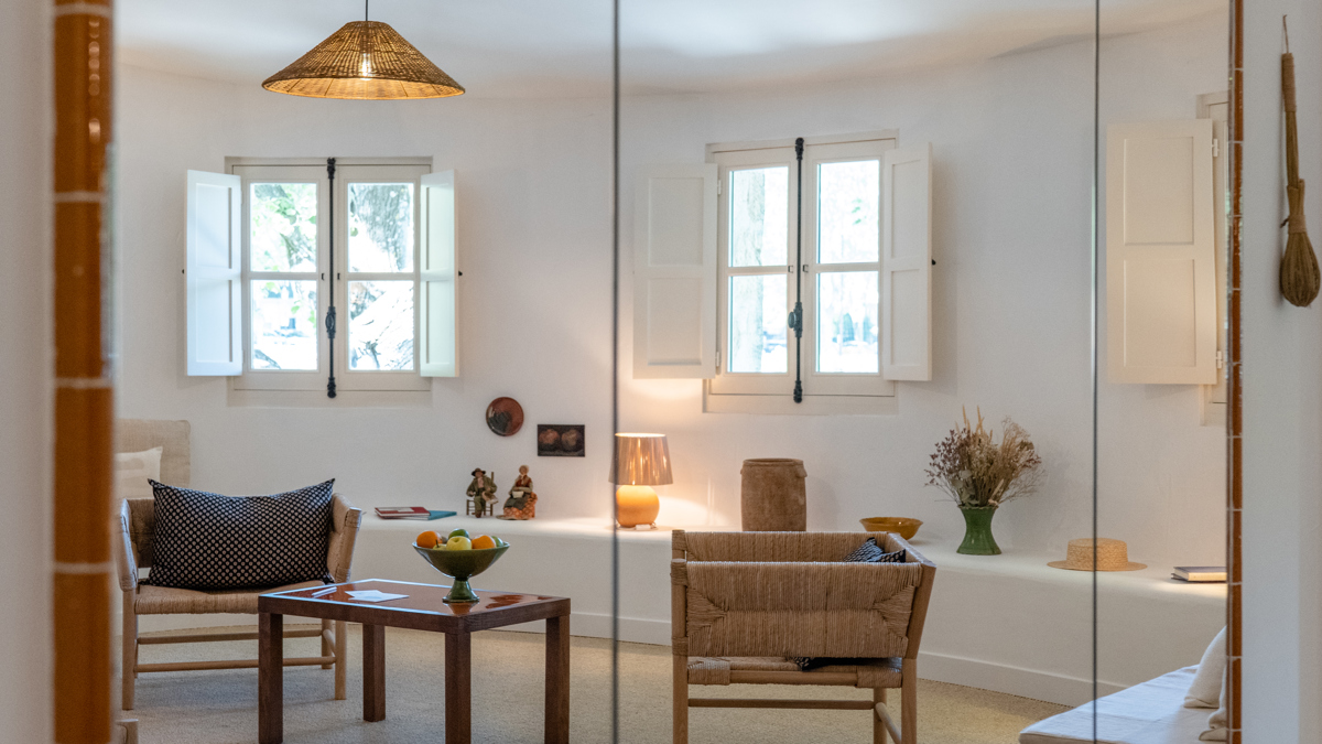 Reflet de l’espace de vie dans miroir rectangulaire montrant chaises, table et fruits.