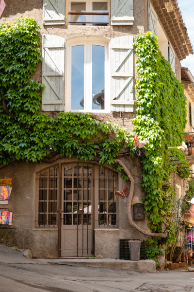 Façade couverte de lierre dans le village de Lourmarin, près de l'hôtel Beaumier Le Moulin