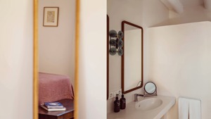 Vue divisée montrant une chambre avec des livres et une couverture rose, et une salle de bain minimaliste avec un lavabo moderne.
