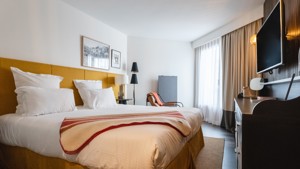A well-organized bedroom features a cozy bed, a TV opposite, and two portraits above.