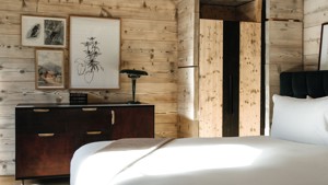 Different-sized portraits adorn a wooden-finished wall above a table with a unique lamp.