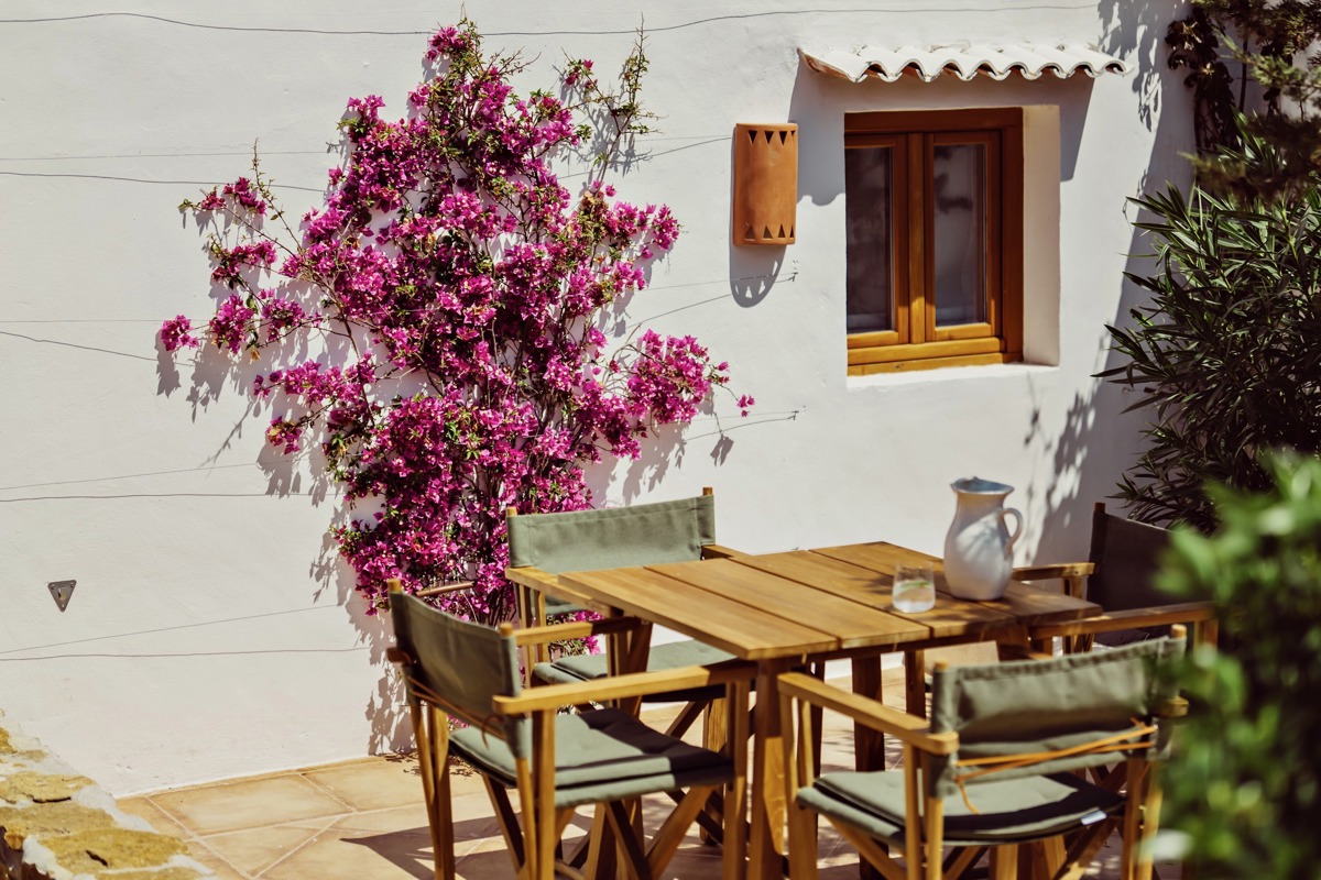 Terrasse extérieure avec table en bois, chaises vertes, bougainvillier rose sur mur blanc, et pichet en céramique.