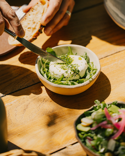 Fresh goat cheese and salad at Bacheto restaurant, Beaumier hotel Le Moulin in Lourmarin