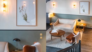 À gauche, portraits au-dessus d’une table basse ; à droite, canapés confortables présentés.