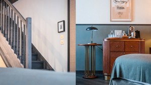 L'image de gauche montre un escalier menant vers le haut ; celle de droite montre une lampe à côté d'un placard.