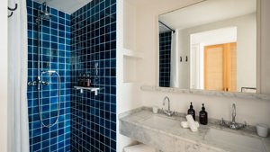 A photo captures a blue-tiled bathroom, with each essential item neatly and properly arranged.