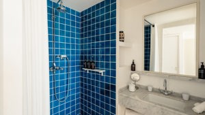 A photo captures a blue-tiled bathroom with each essential item neatly and properly placed.