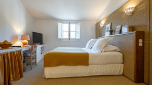 Une chambre bien organisée dispose d'un lit confortable avec une télévision placée juste en face.