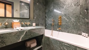 Salle de bain haut de gamme présentée, chaque élément essentiel soigneusement et correctement placé partout.