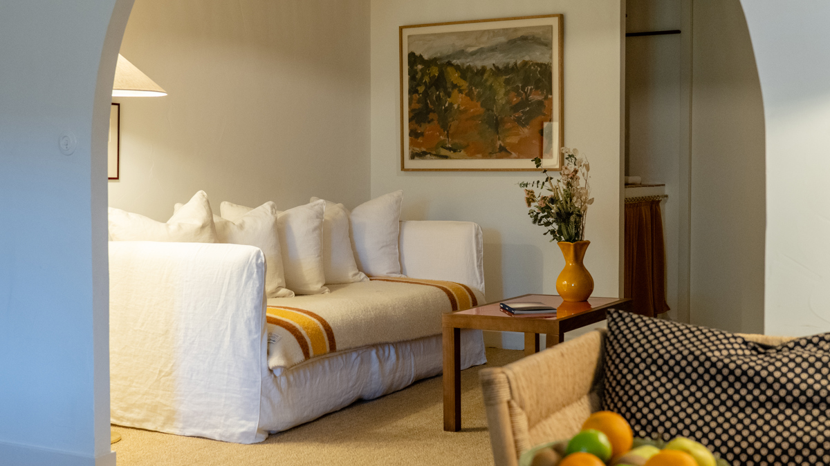 Un espace de vie bien rangé comprend un canapé confortable près du mur avec un portrait au-dessus.