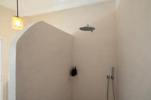 Une photo de la salle de bain présente une douche montée sur le mur latéral droit.