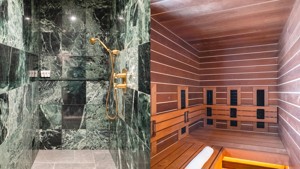 L'image de gauche montre une salle de bain carrelée de vert et celle de droite un sauna en bois.