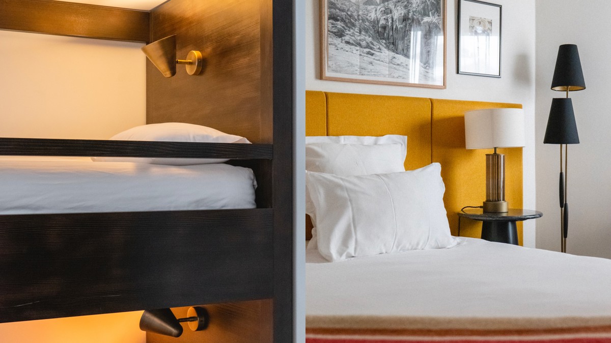 The right image shows a double-decker bed; the left shows portraits above a lamp table.