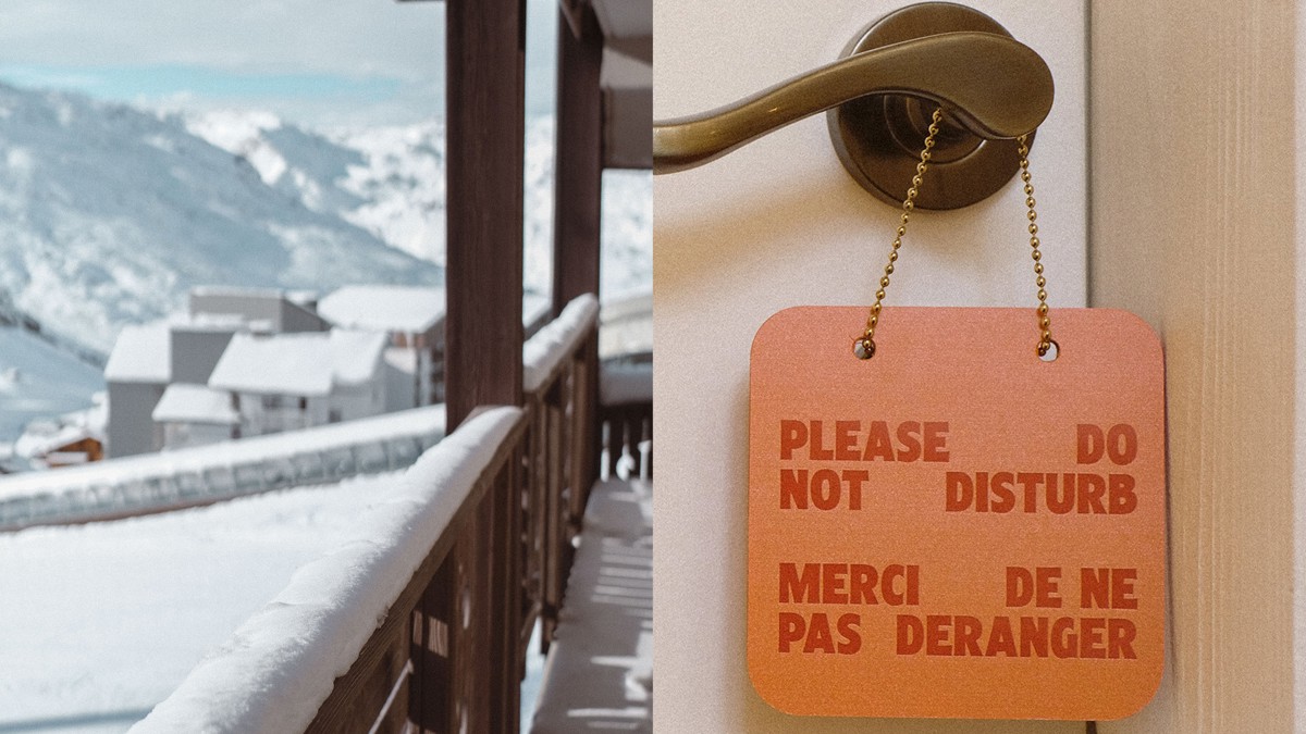 The left photo shows snow outside, and the right shows a "Do Not Disturb" tag.