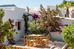 Charming garden patio with wooden table, green chairs, blooming flowers, white walls, and tropical plants.