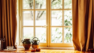 Un vase au design unique est placé près de la fenêtre en verre, offrant une belle vue sur la pelouse.